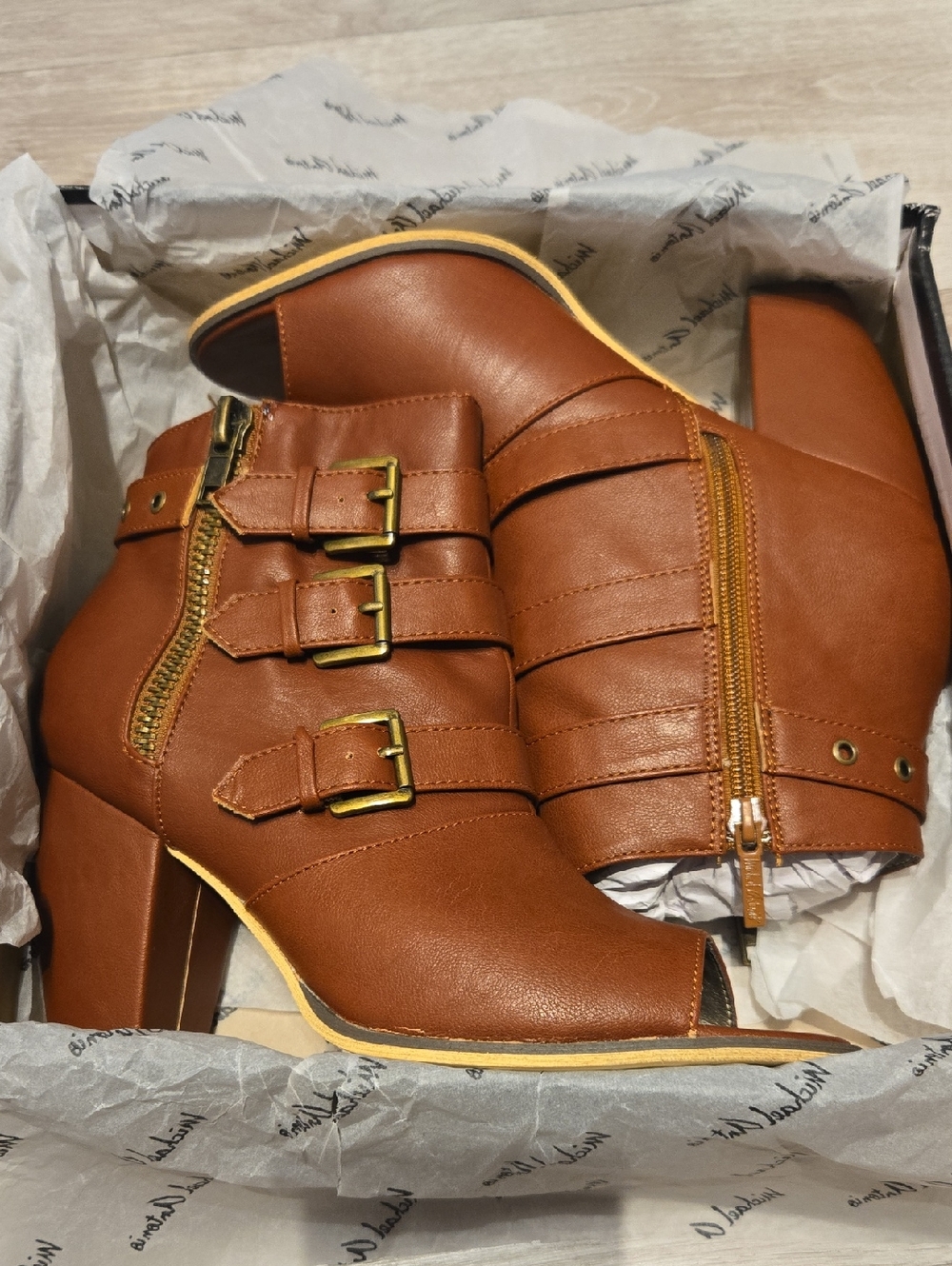 **BRAND NEW** Michael Antonio Brown Peep-Toe Buckle Ankle Boots